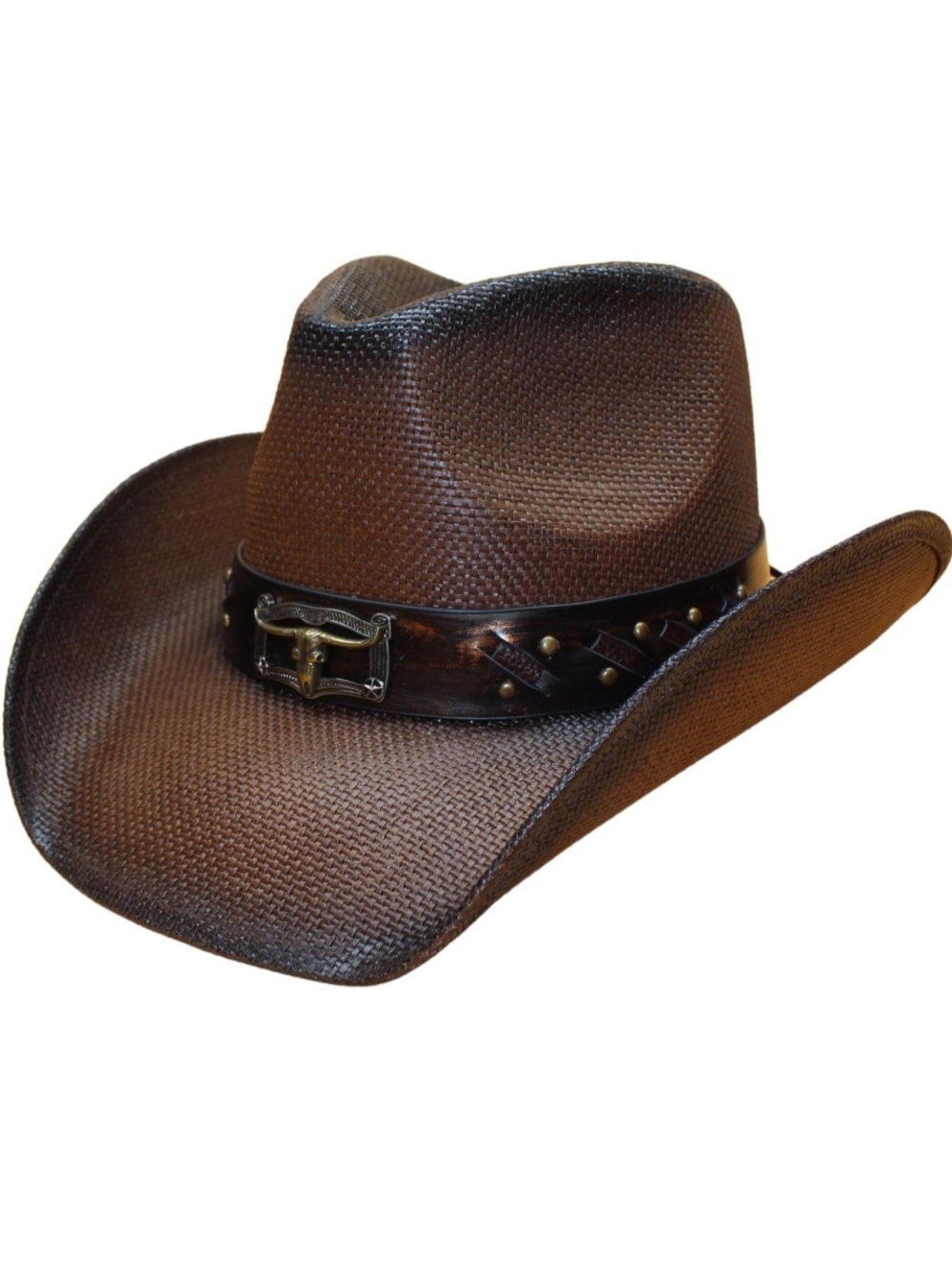Men's Brown Straw Western Cowboy Hat with Studded Leather Band